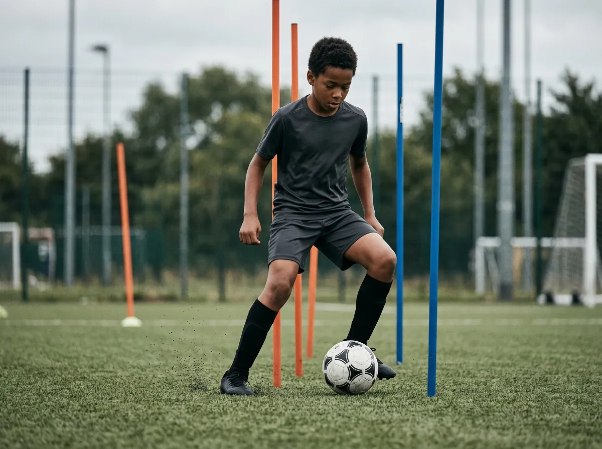 Jugendlicher Fußballspieler beim Dribbling-Slalom zwischen Stangen am Fußballplatz