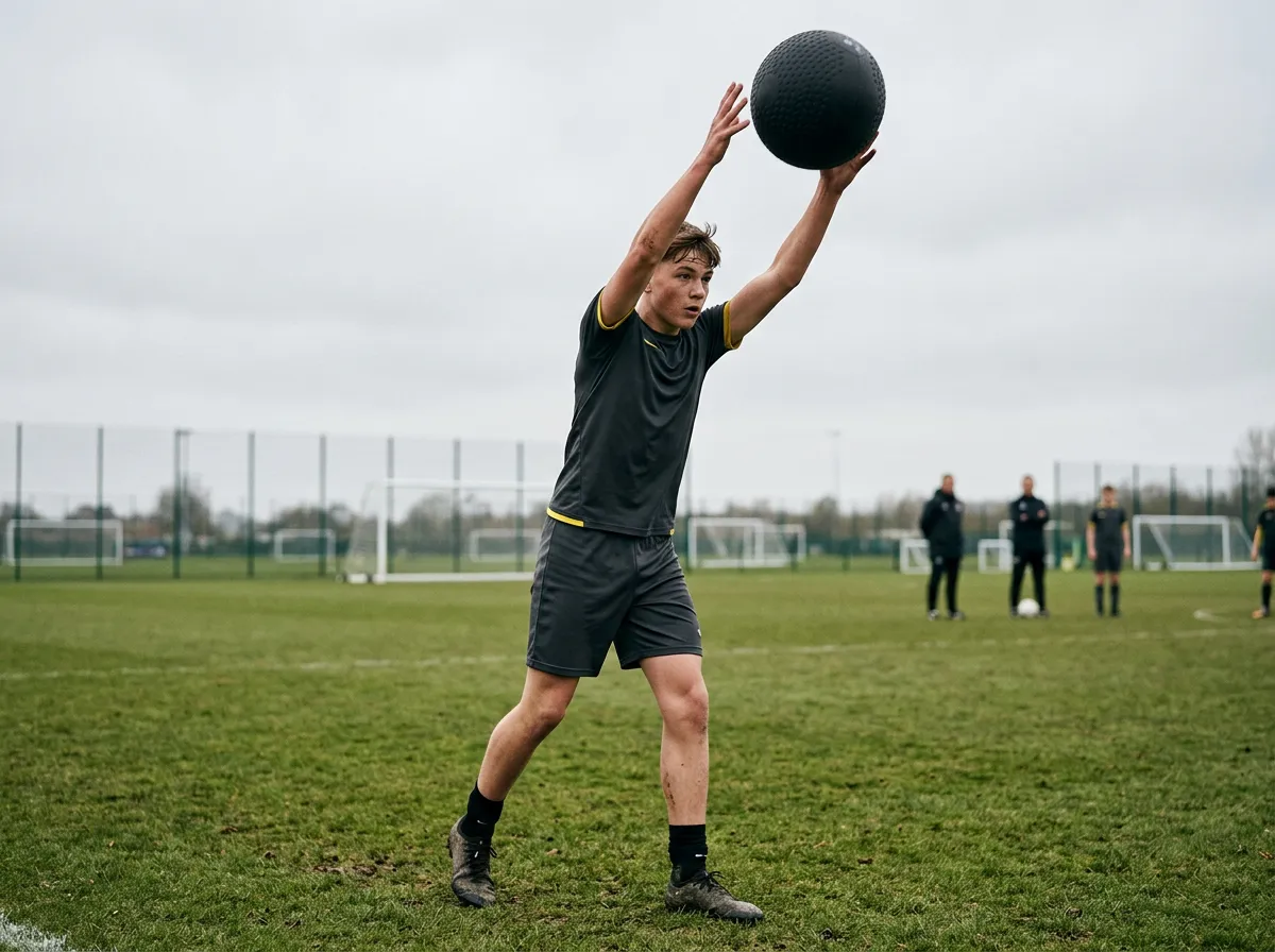 Jugendlicher Fußballspieler bei einem Krafttest mit Medizinball am Fußballplatz